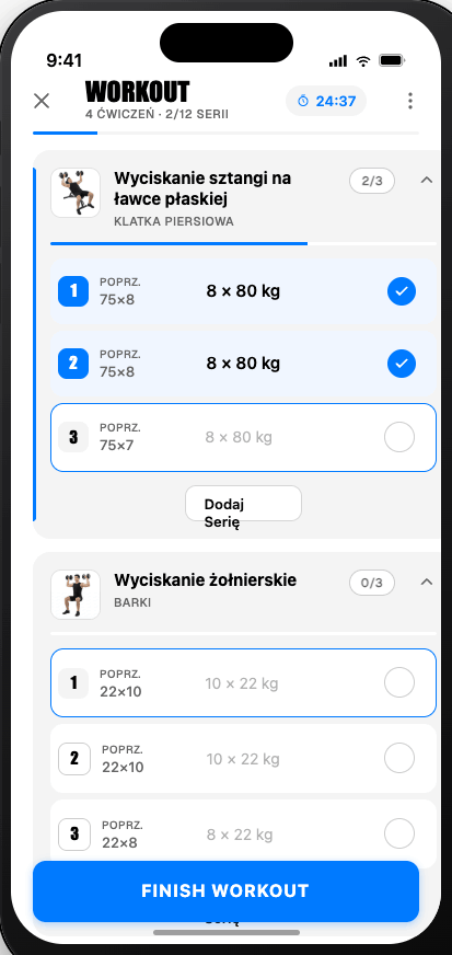 REPS active workout — logging sets with rest timer